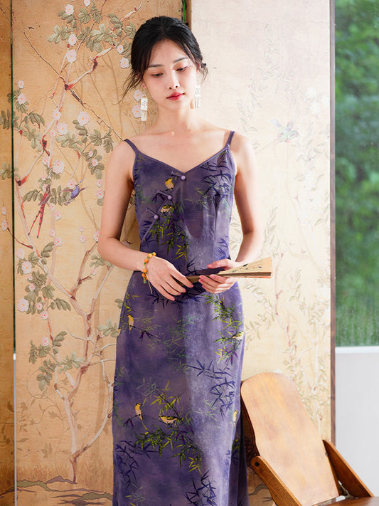 Lilac purple|Modern one-Pieces spaghetti strap dress（馨竹）