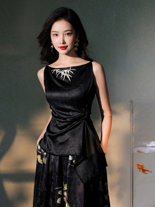 ink Black Silk Embroidered  | Sleeveless Camisole（墨莞）