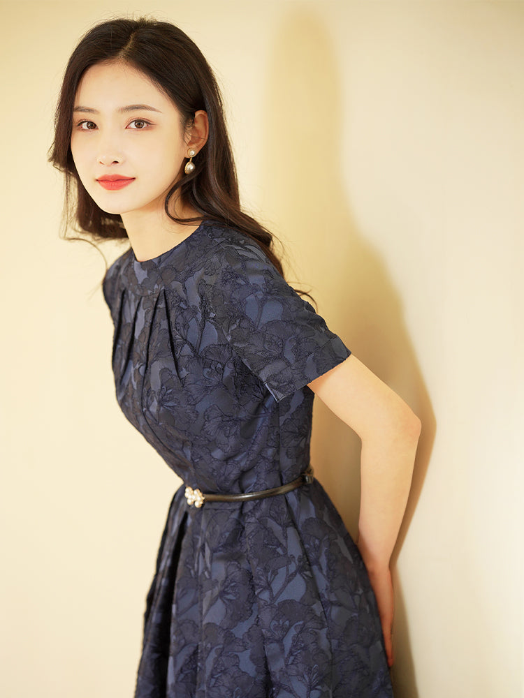 Navy Blue Intricate Jacquard | Effortless Flared Skirt (赫本)