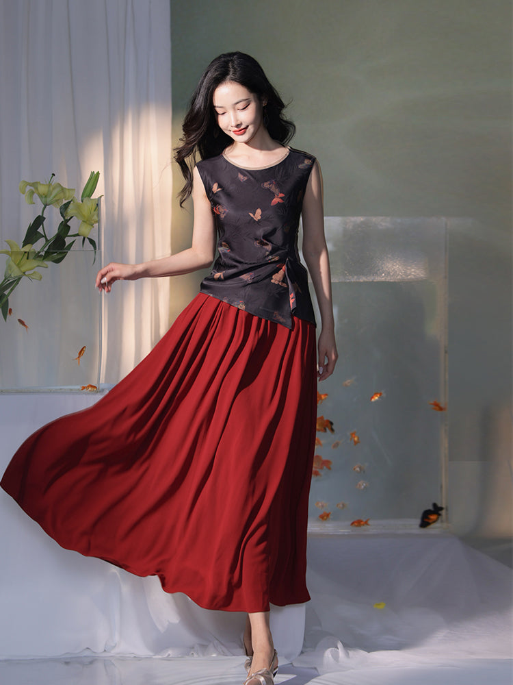 navy blue|pleated long skirt（炽缇）