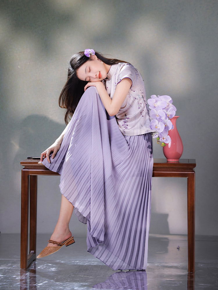 Light and airy simulated silk pleated half-skirt（翩羽）