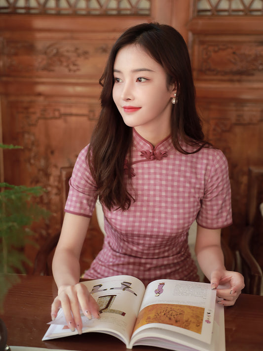 Pink and White Plaid Print|Modern one-Pieces Qipao Dress（容音）