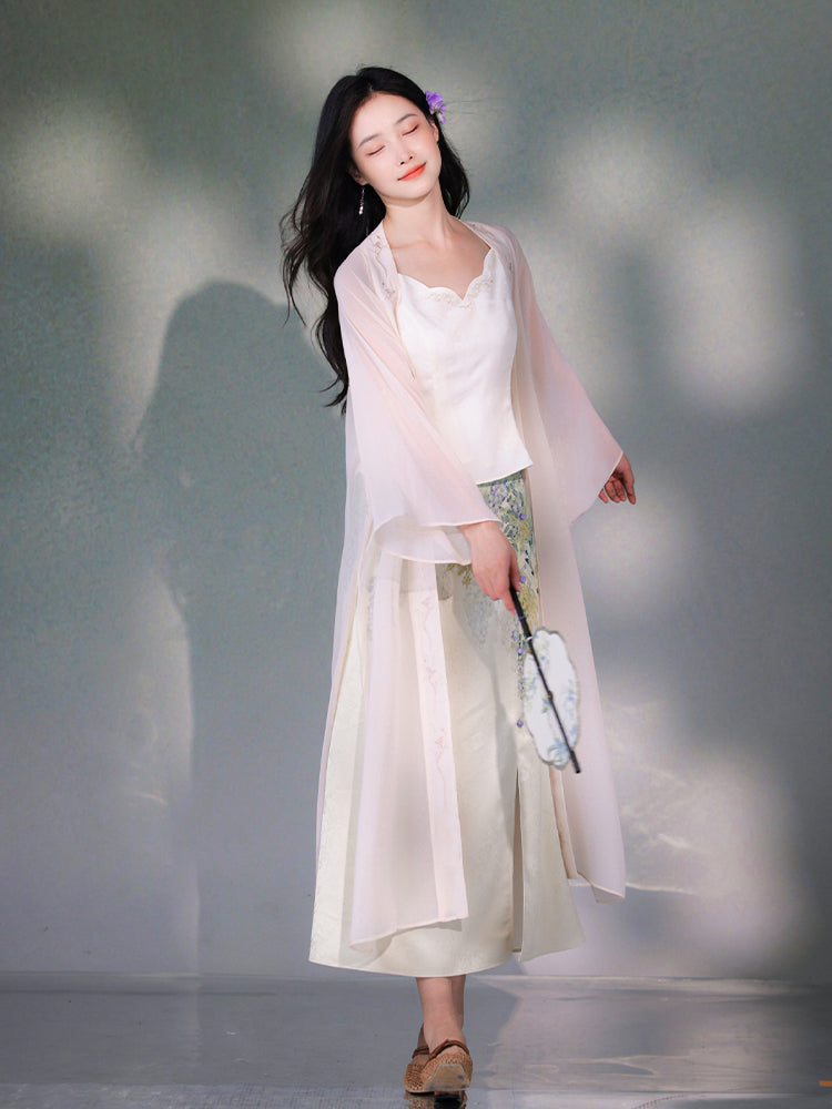 Pale Pink Silk Embroidered | Hanfu-Style Long Draped Cardigan (菲芸)