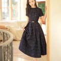 Navy Blue Intricate Jacquard | Effortless Flared Skirt (赫本)