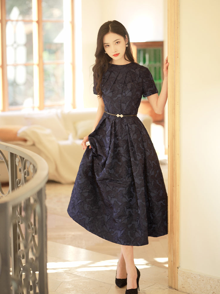 Navy Blue Intricate Jacquard | Effortless Flared Skirt (赫本)