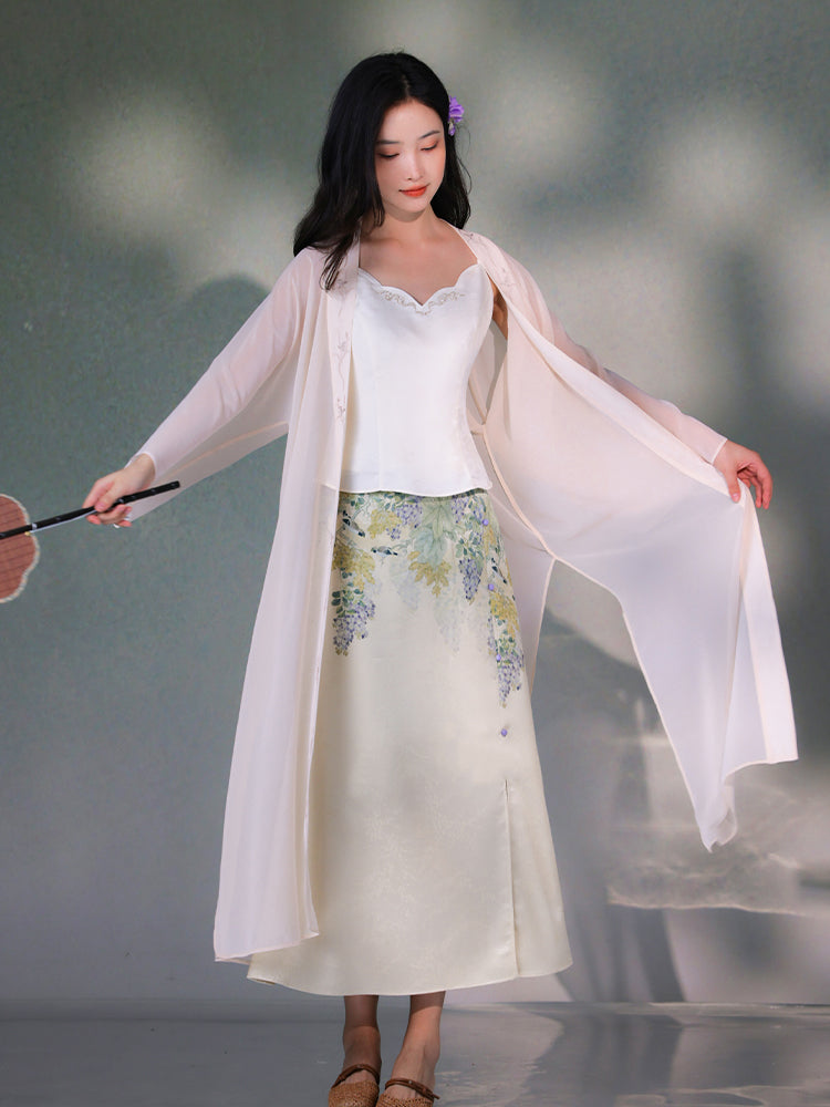 Pale Pink Silk Embroidered | Hanfu-Style Long Draped Cardigan (菲芸)
