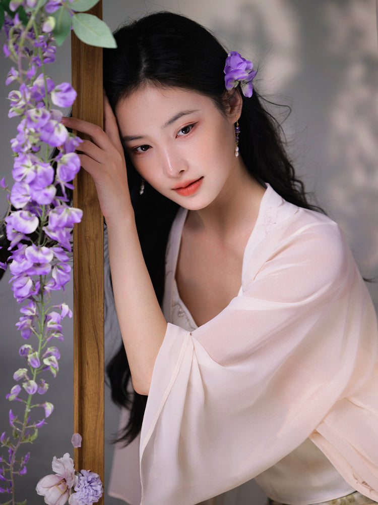 Pale Pink Silk Embroidered | Hanfu-Style Long Draped Cardigan (菲芸)