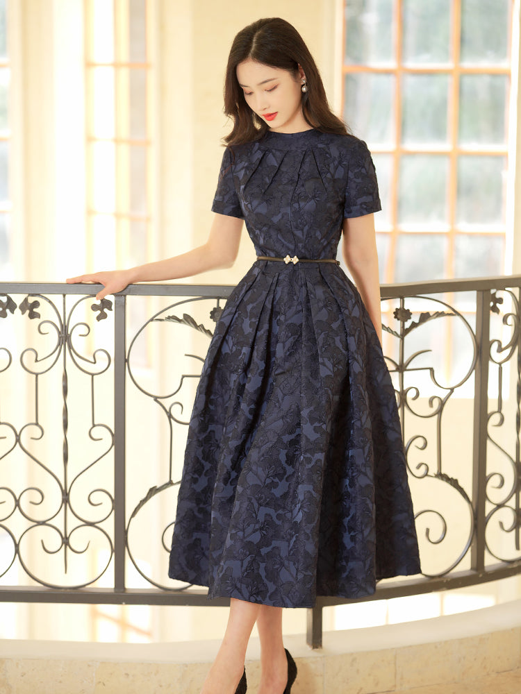 Navy Blue Intricate Jacquard | Effortless Flared Skirt (赫本)