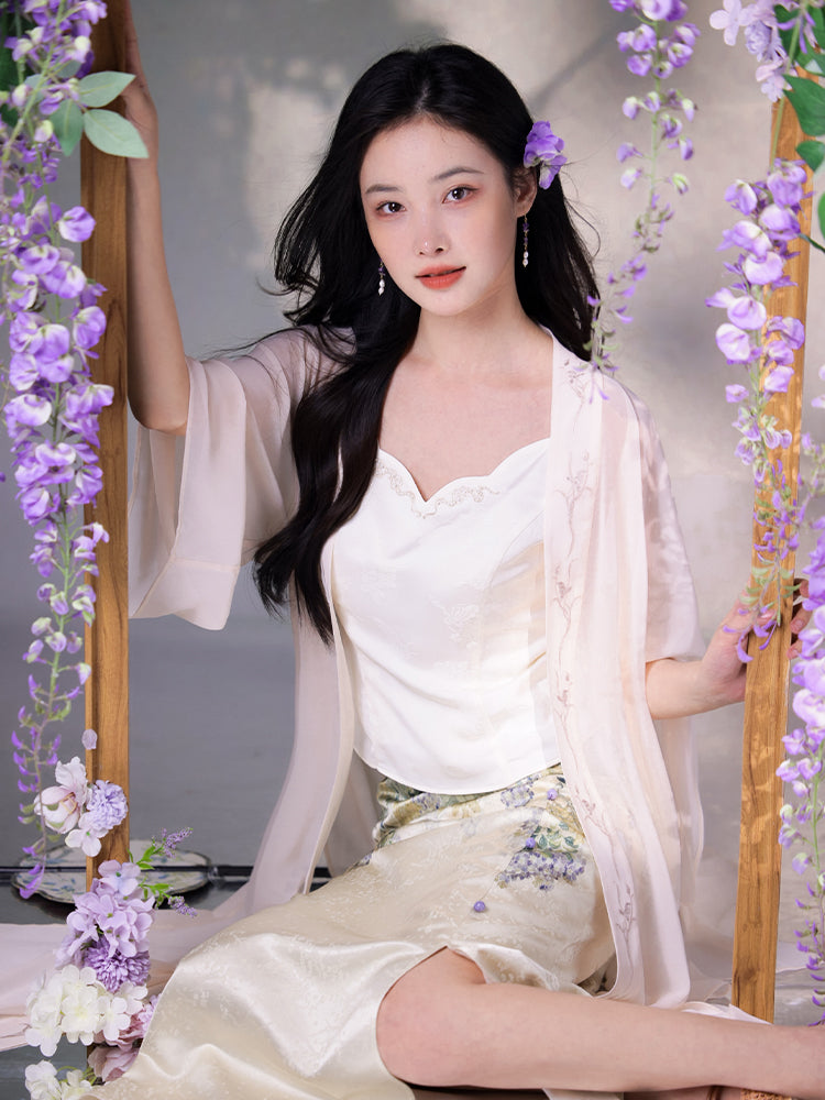 Pale Pink Silk Embroidered | Hanfu-Style Long Draped Cardigan (菲芸)