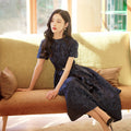 Navy Blue Intricate Jacquard | Effortless Flared Skirt (赫本)