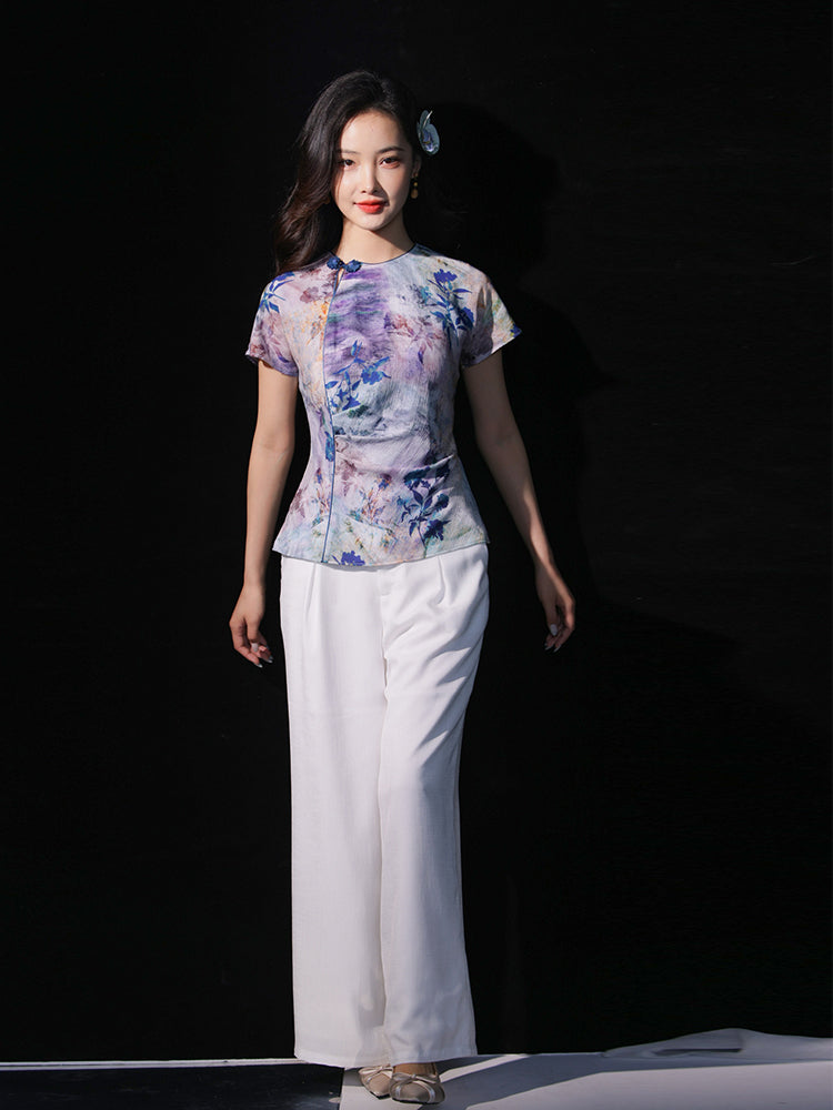 Blue, purple and orange coloring|Modern one-Pieces Qipao top（叶栀）