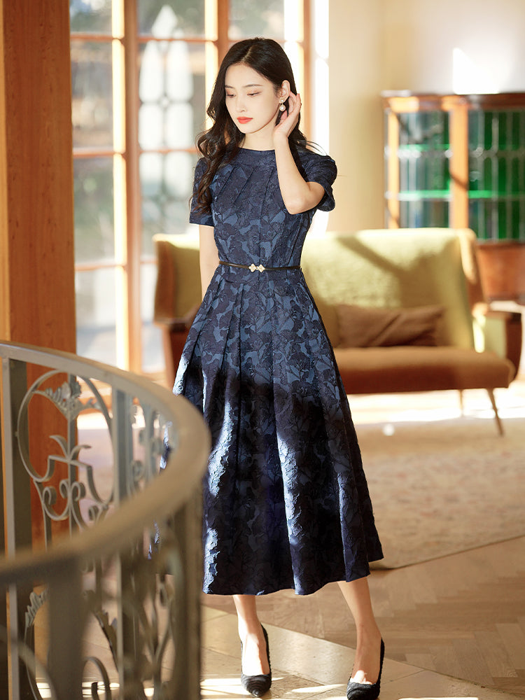 Navy Blue Intricate Jacquard | Effortless Flared Skirt (赫本)