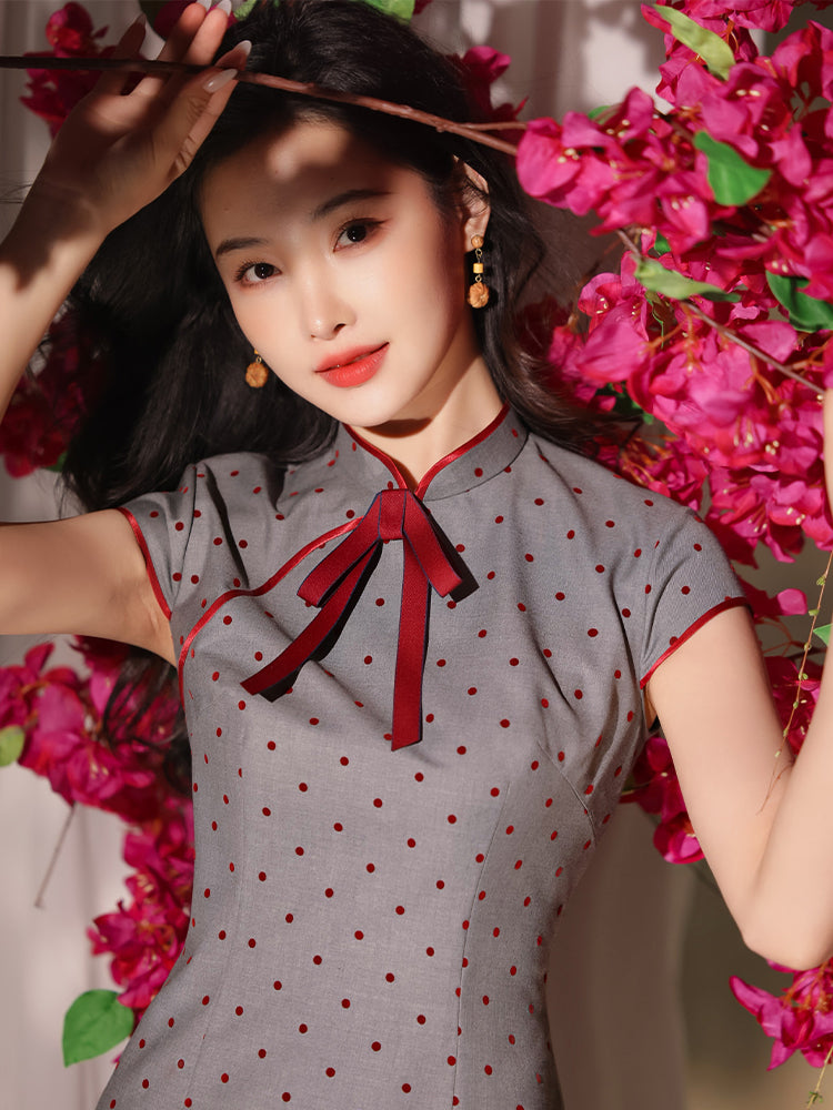 Dusk Grey with Red Polka Dots | Modern one-Pieces Qipao Dress(佳音)