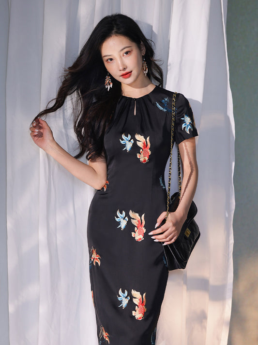 Black satin|Embroidered two-tone goldfish|Modern one-Pieces Qipao Dress（锦秀）