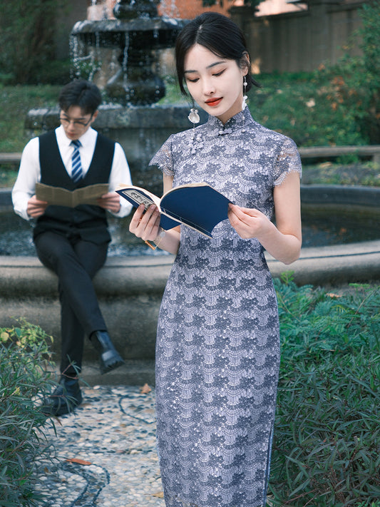 Dusty Blue Elastic Lace | Modern one-Pieces Qipao Dress（兰若）