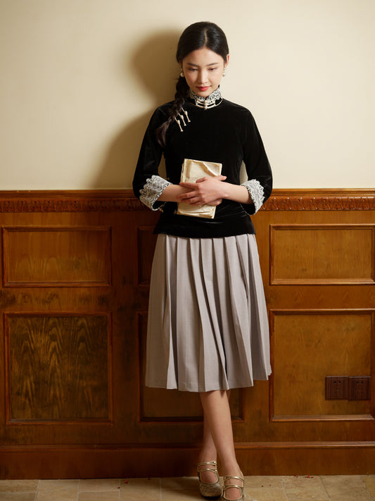Vintage-Inspired Republic Era Schoolgirl Dress  | Velvet Cheongsam Top（徽茵）
