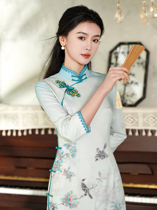 Sky-Blue Printed Chiffon | Modern one-Pieces Qipao Dress（梦烟雨）