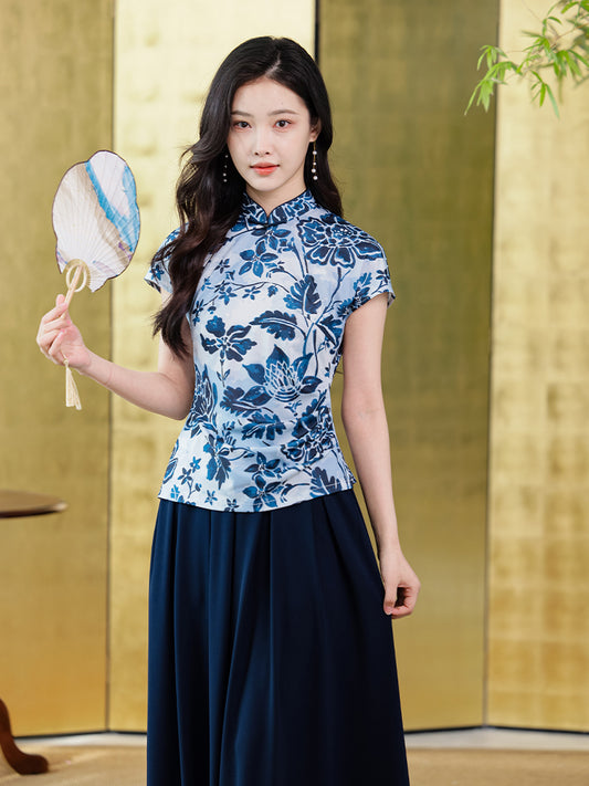 blue and white porcelain|Modern one-Pieces Qipao top（灀蓝）