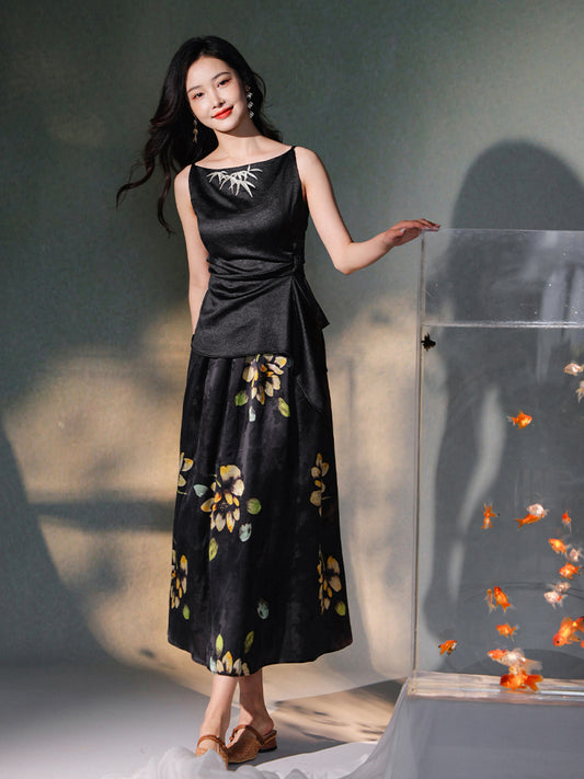 Ink-Black | Flowing Maxi Skirt(莲珂)