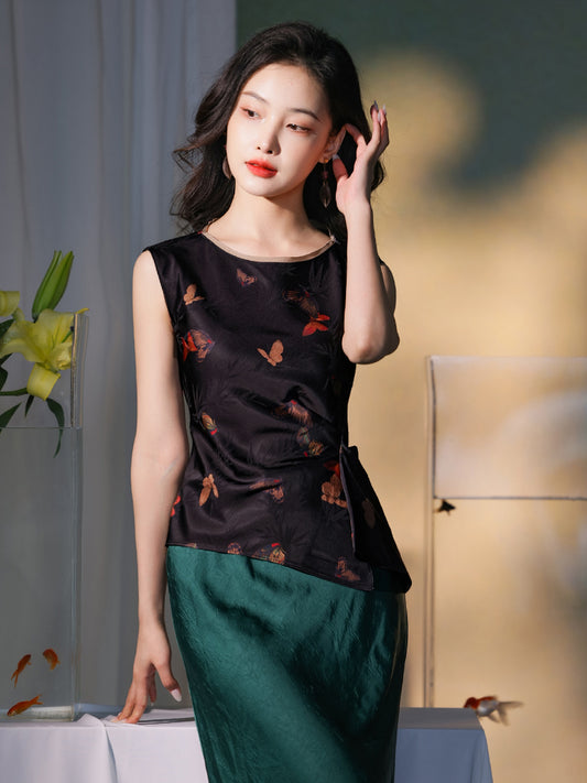 Flower color on black background|pleated Qipao a sleeveless garment（云笺）