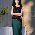 Flower color on black background|pleated Qipao a sleeveless garment（云笺）