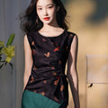 Flower color on black background|pleated Qipao a sleeveless garment（云笺）