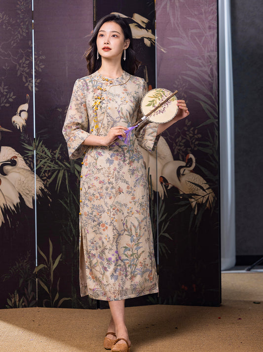 Apricot-White Relaxed Fit| Modern one-Pieces Qipao Dress（鞠依）