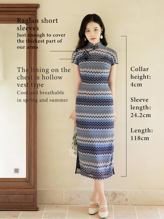 Blue and white wave pattern| Modern one-Pieces Qipao Dress（泽岚）