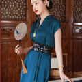 Peacock Blue Silk Satin Artisanal Embroidery | Neo-Chinese Dress (莞莞)