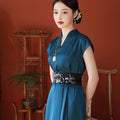 Peacock Blue Silk Satin Artisanal Embroidery | Neo-Chinese Dress (莞莞)