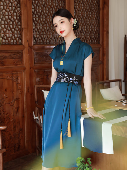 Peacock Blue Silk Satin Artisanal Embroidery | Neo-Chinese Dress (莞莞)