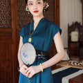 Peacock Blue Silk Satin Artisanal Embroidery | Neo-Chinese Dress (莞莞)