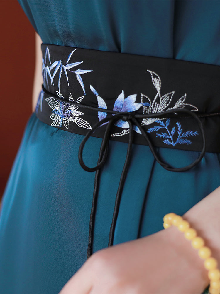 Peacock Blue Silk Satin Artisanal Embroidery | Neo-Chinese Dress (莞莞)