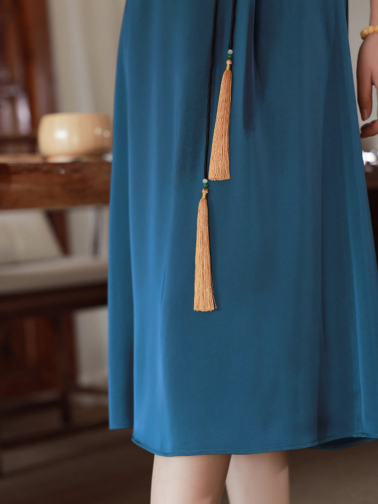 Peacock Blue Silk Satin Artisanal Embroidery | Neo-Chinese Dress (莞莞)