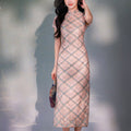 Navy blue Geometric Lattice  | Modern one-Pieces Qipao Dress（若檬）