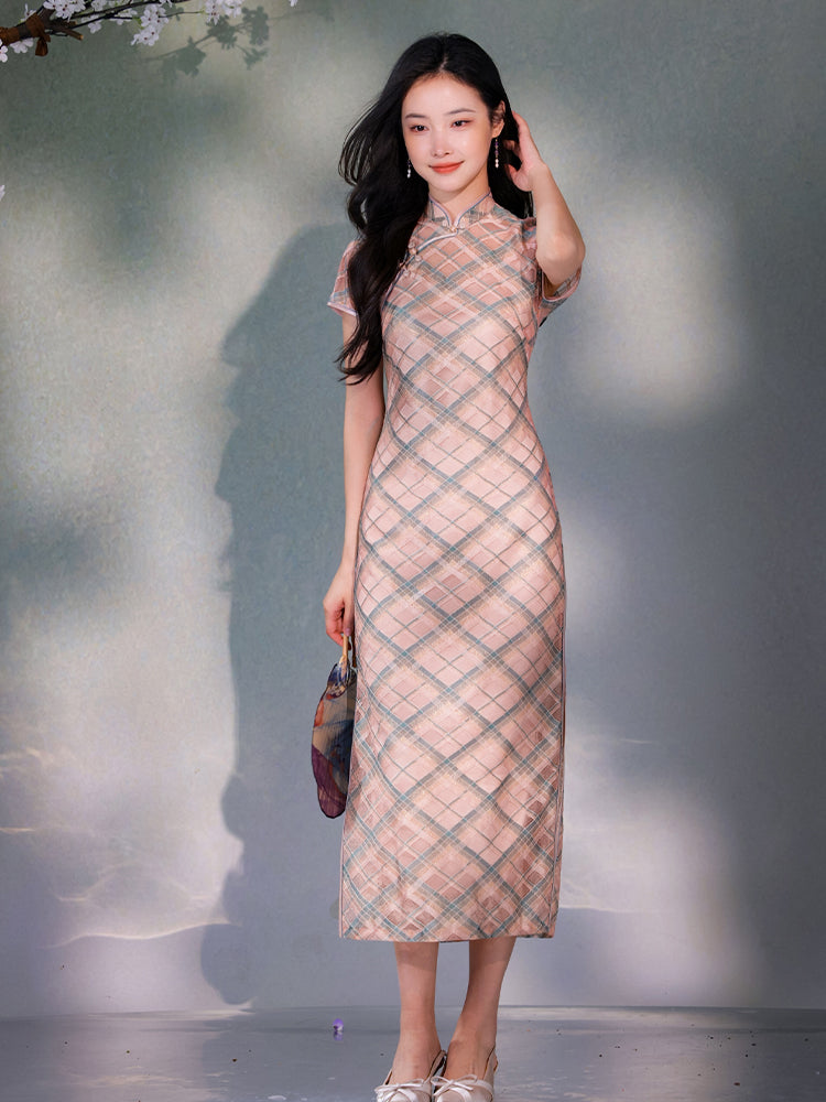 Navy blue Geometric Lattice  | Modern one-Pieces Qipao Dress（若檬）