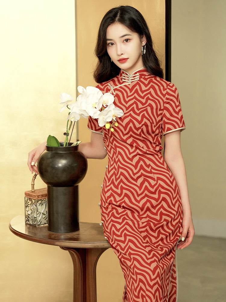 Red striping| Modern one-Pieces Qipao Dress（海云） - E·Beauty