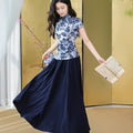 navy blue|pleated long skirt（炽缇）