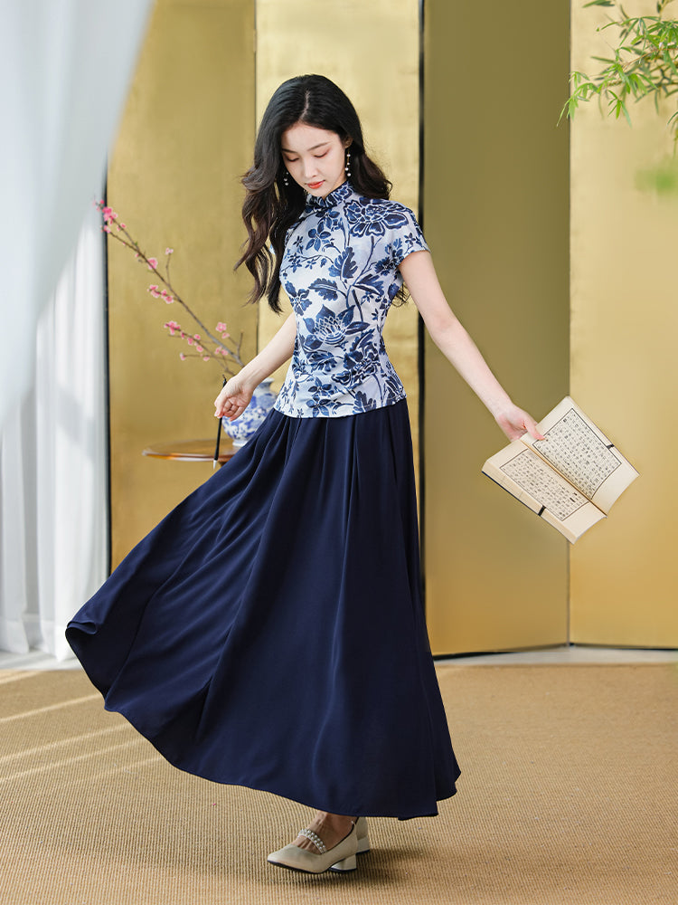 navy blue|pleated long skirt（炽缇）