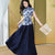 navy blue|pleated long skirt（炽缇）