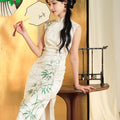 Botanical-Dyed Ivory Silk Satin | Modern one-Pieces Qipao Dress (青韵)