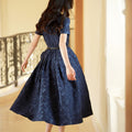 Navy Blue Intricate Jacquard | Effortless Flared Skirt (赫本)