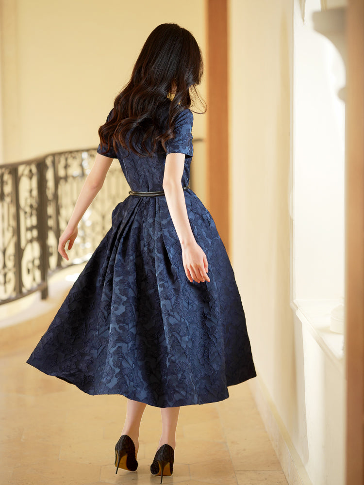 Navy Blue Intricate Jacquard | Effortless Flared Skirt (赫本)
