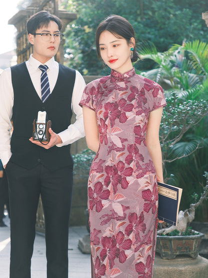 Rose Pink Chiffon Print | Modern one-Pieces Qipao Dress (花间游)