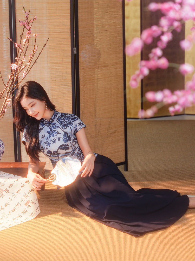 navy blue|pleated long skirt（炽缇）