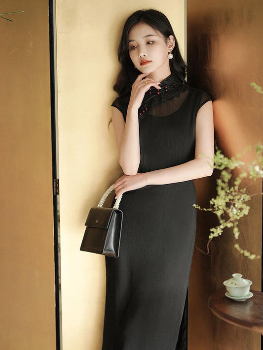 Refined Ink Black Sophistication | Modern one-Pieces Qipao Dress (扶芳)
