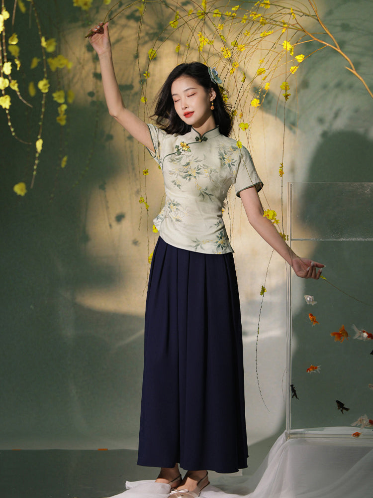 light green|Osmanthus Print Qipao top（沁寒）