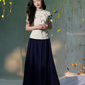 navy blue|pleated long skirt（炽缇）