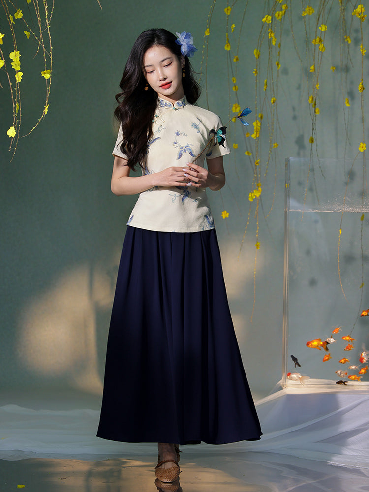 navy blue|pleated long skirt（炽缇）