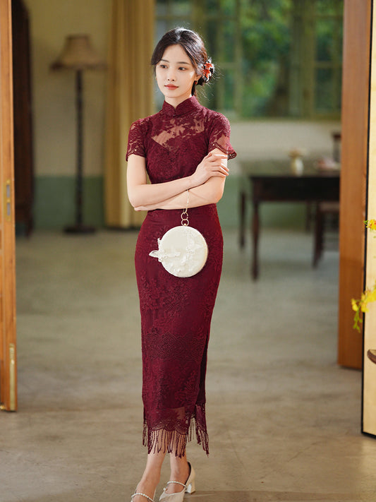 Burgundy Lace Embroidery | Modern one-Pieces Qipao Dress（绯颜）